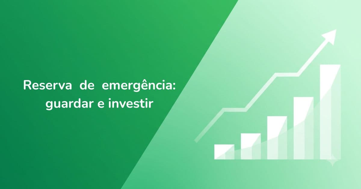 Gráfico de barras crescente com seta ascendente sobre fundo verde, representando o crescimento da reserva de emergência